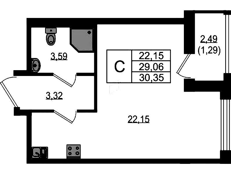 Квартира студия 30.35 м², 22/23 эт., ЖК «Южная Нева»